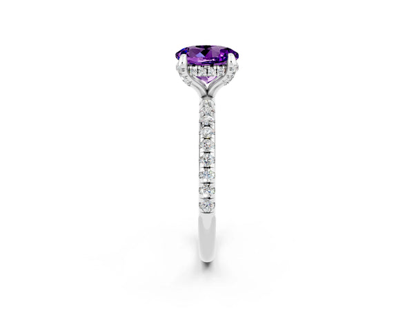 White gold Round Cut Amethyst Hidden Halo Engagement Ring with Round Pavé Band and Prong Setting