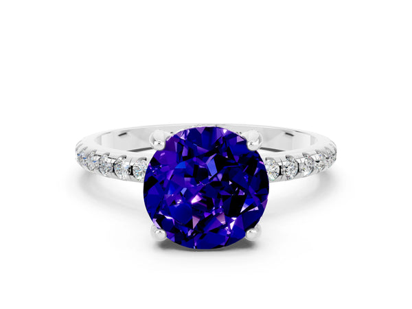 Silver Round Cut Tanzanite Hidden Halo Engagement Ring with Round Pavé Band and Prong Setting