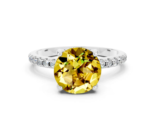 White gold Round Cut Yellow Sapphire Hidden Halo Engagement Ring with Round Pavé Band and Prong Setting