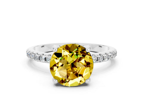 White gold Round Cut Diamond Solitaire Ring with Four-Prong Setting and Pavé Band