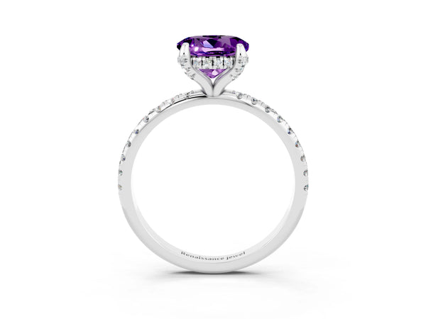 Silver Round Cut Amethyst Hidden Halo Engagement Ring with Round Pavé Band and Prong Setting