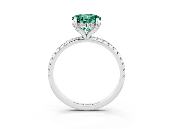 Platinum Round Cut Green Sapphire Hidden Halo Engagement Ring with Round Pavé Band and Prong Setting