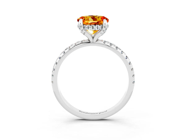 Platinum Round Cut Citrine Hidden Halo Engagement Ring with Round Pavé Band and Prong Setting