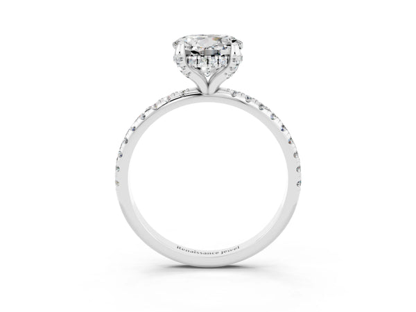 White gold Round Cut Moissanite Hidden Halo Engagement Ring with Round Pavé Band and Prong Setting