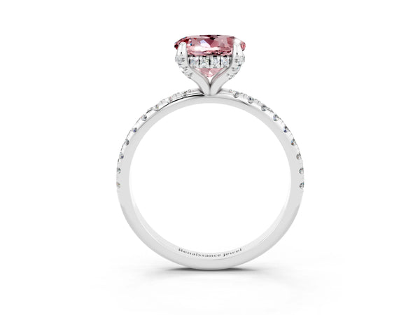 Silver Round Cut Diamond Solitaire Ring with Four-Prong Setting and Pavé Band
