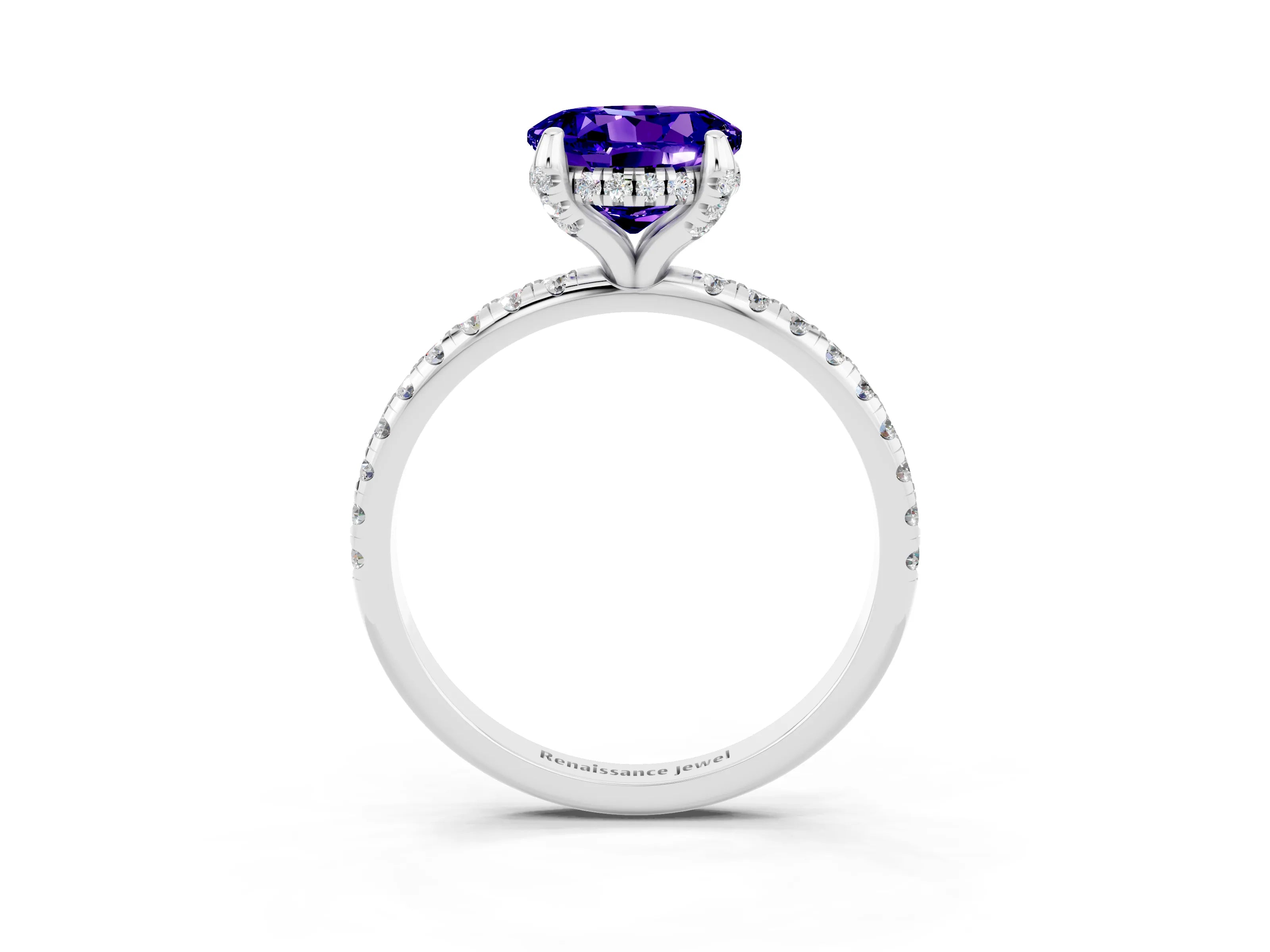 White gold Round Cut Diamond Solitaire Ring with Four-Prong Setting and Pavé Band_3