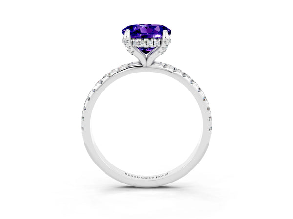 White gold Round Cut Tanzanite Hidden Halo Engagement Ring with Round Pavé Band and Prong Setting