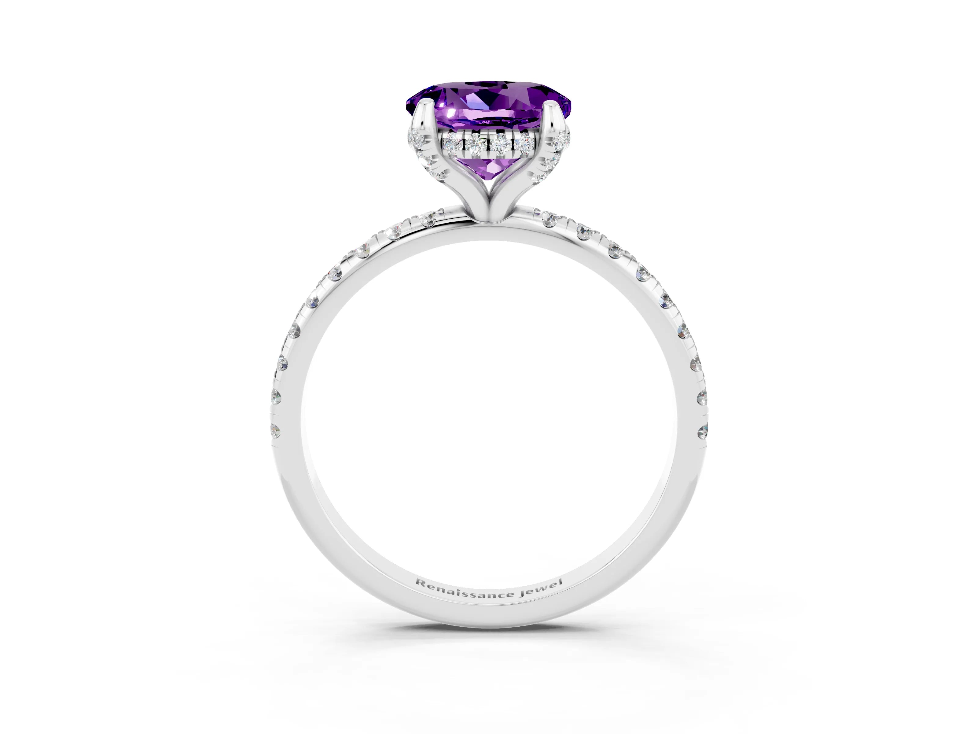 White gold Round Cut Diamond Solitaire Ring with Four-Prong Setting and Pavé Band_3
