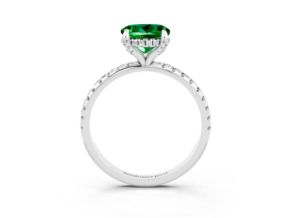 Silver Round Cut Emerald Hidden Halo Engagement Ring with Round Pavé Band and Prong Setting