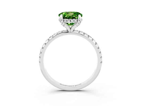 Silver Round Cut Diamond Solitaire Ring with Four-Prong Setting and Pavé Band