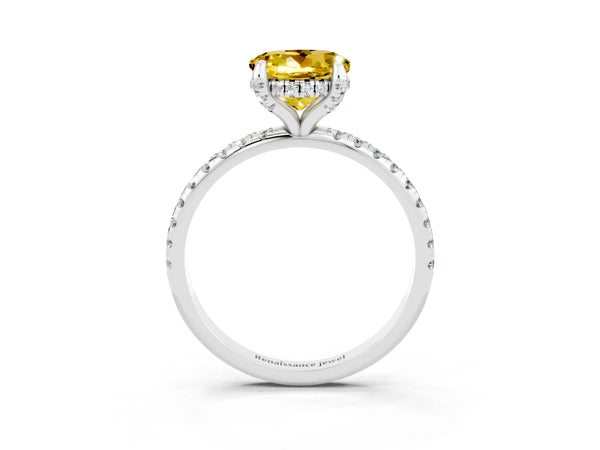 Platinum Round Cut Yellow Sapphire Hidden Halo Engagement Ring with Round Pavé Band and Prong Setting
