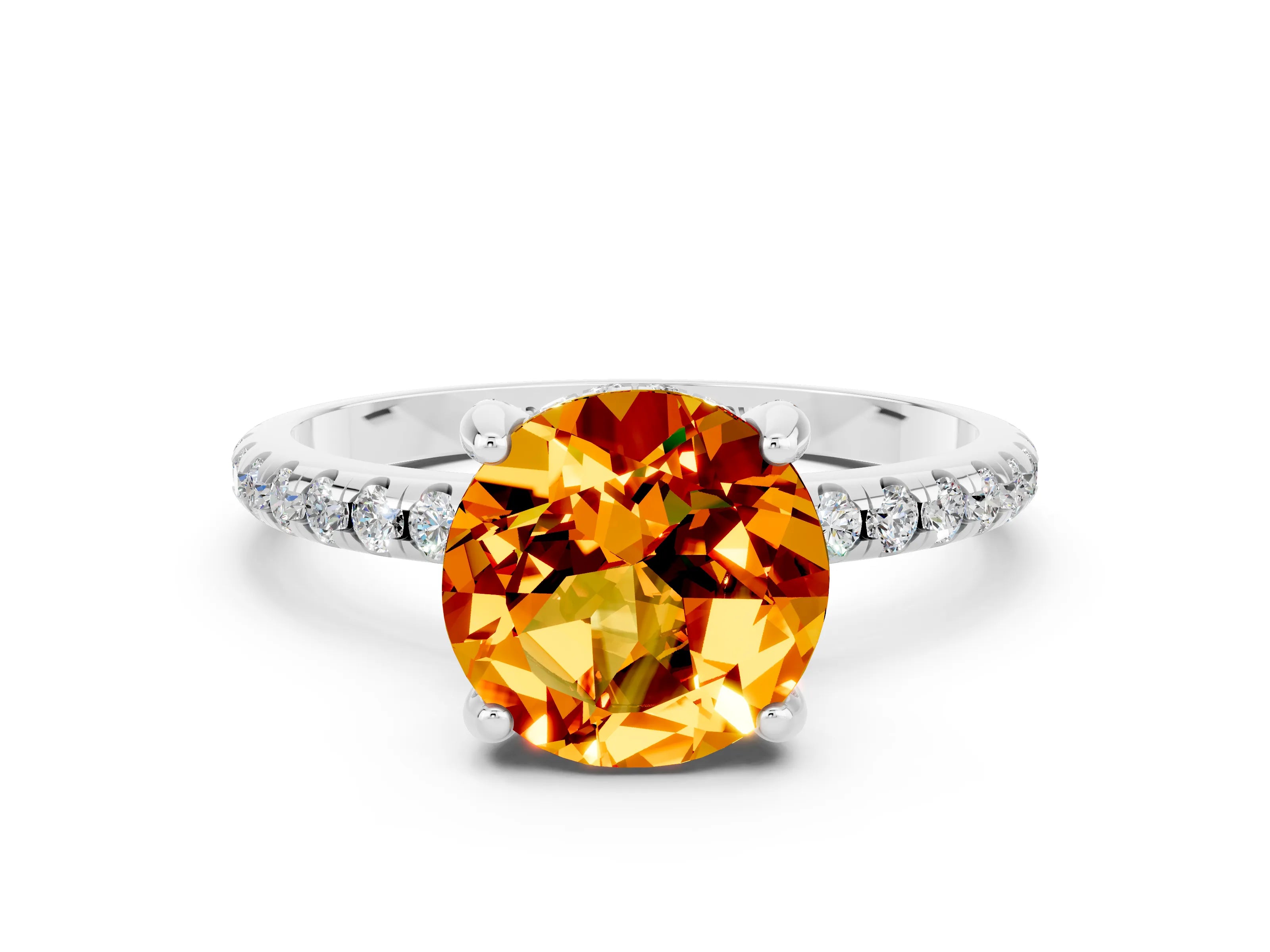 White gold Round Cut Diamond Solitaire Ring with Four-Prong Setting and Pavé Band