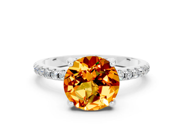 Silver Round Cut Citrine Hidden Halo Engagement Ring with Round Pavé Band and Prong Setting