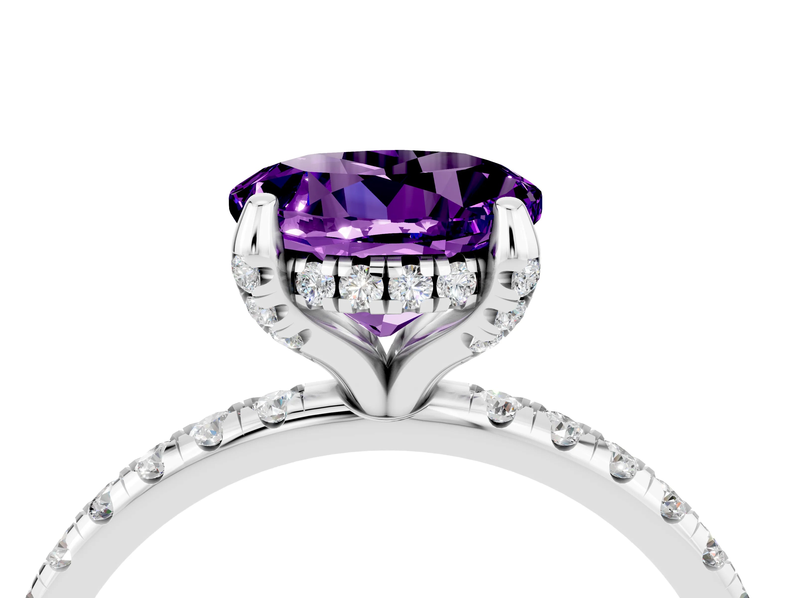 White gold Round Cut Diamond Solitaire Ring with Four-Prong Setting and Pavé Band_4
