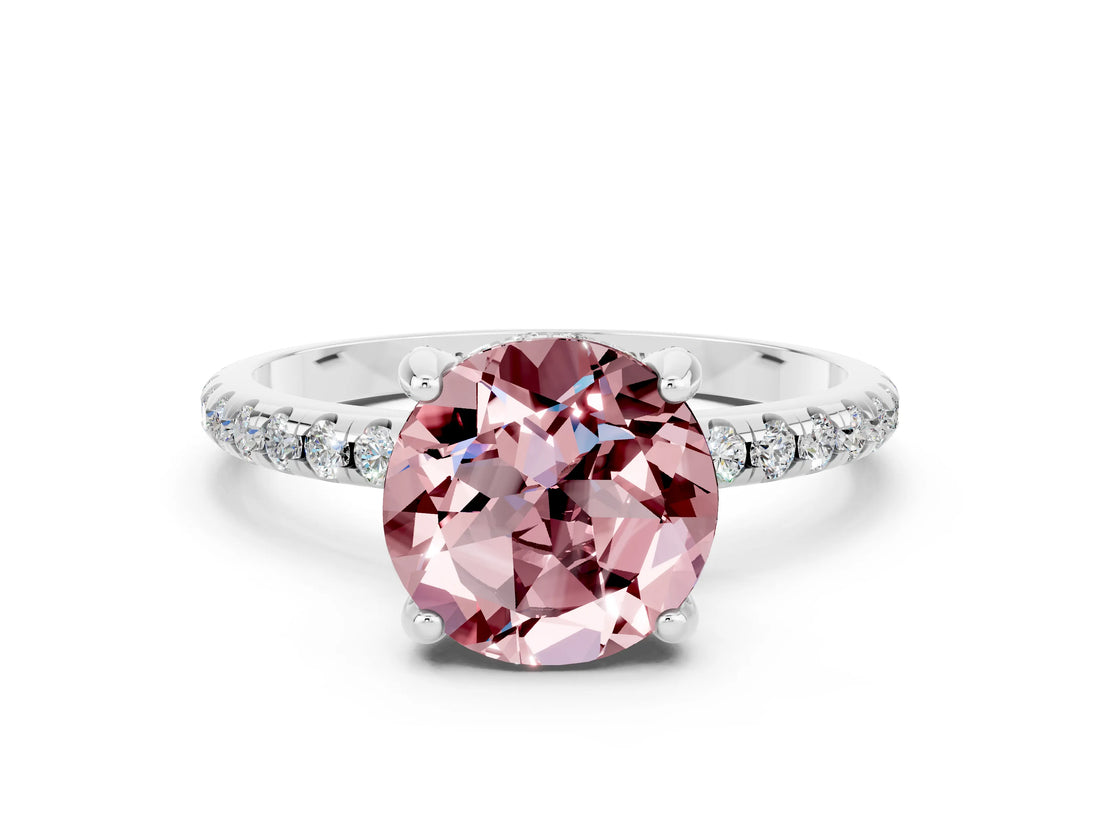 White gold Round Cut Diamond Solitaire Ring with Four-Prong Setting and Pavé Band