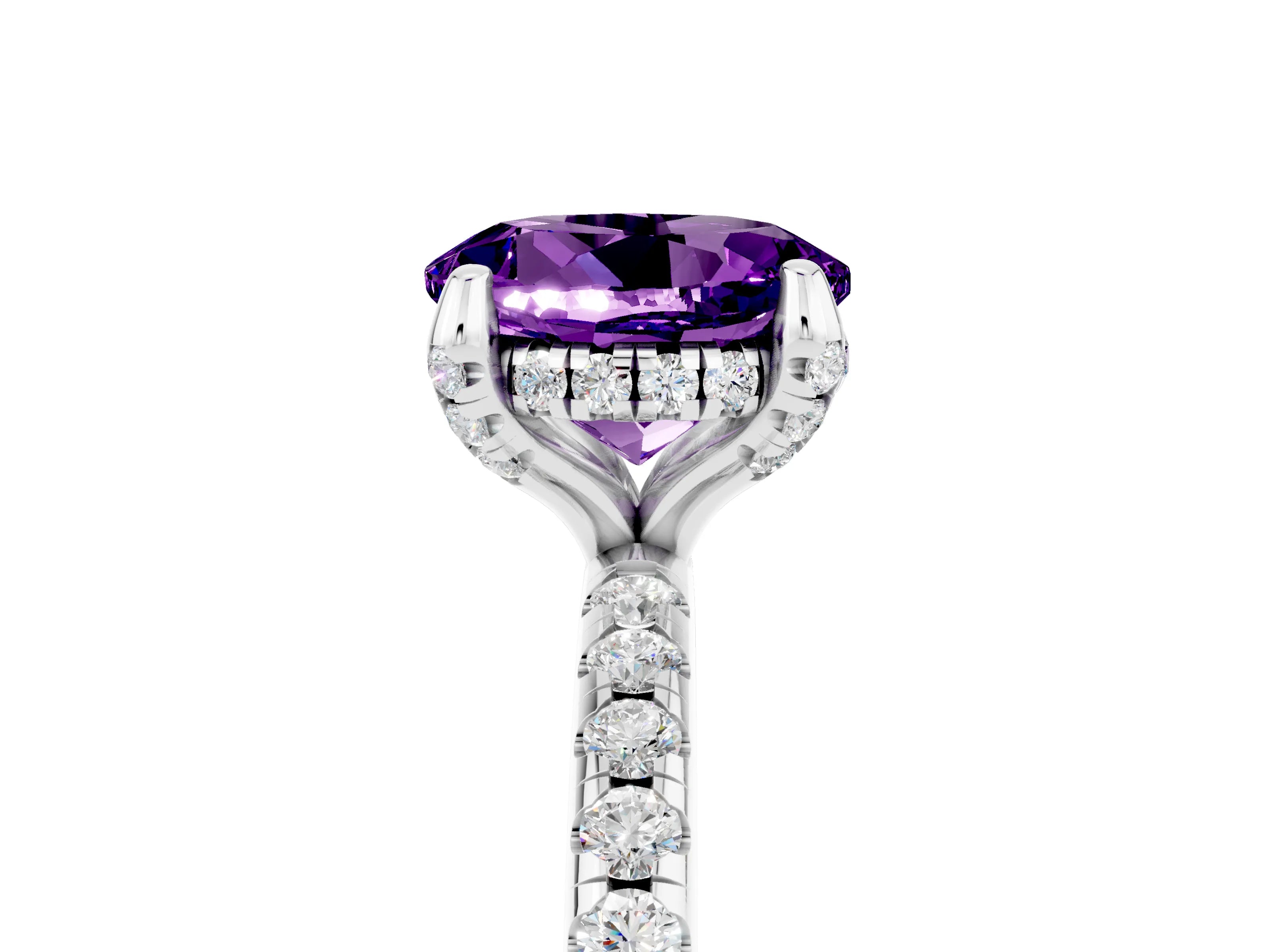 White gold Round Cut Diamond Solitaire Ring with Four-Prong Setting and Pavé Band_5