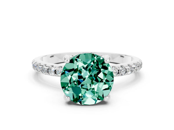Platinum Round Cut Green Sapphire Hidden Halo Engagement Ring with Round Pavé Band and Prong Setting