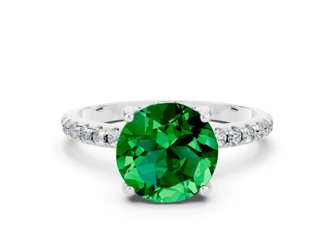 White gold Round Cut Diamond Solitaire Ring with Four-Prong Setting and Pavé Band