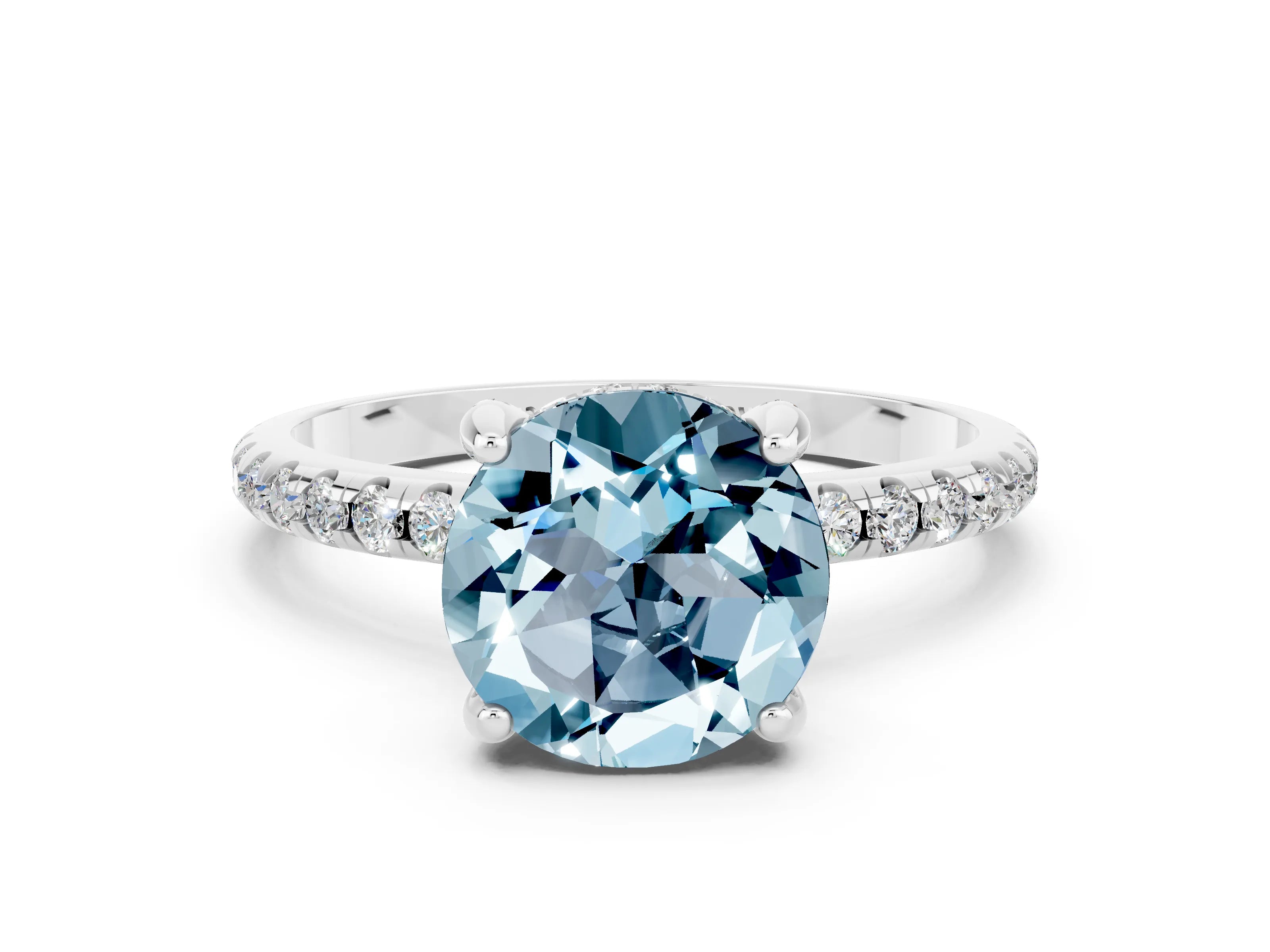 White gold Round Cut Diamond Solitaire Ring with Four-Prong Setting and Pavé Band