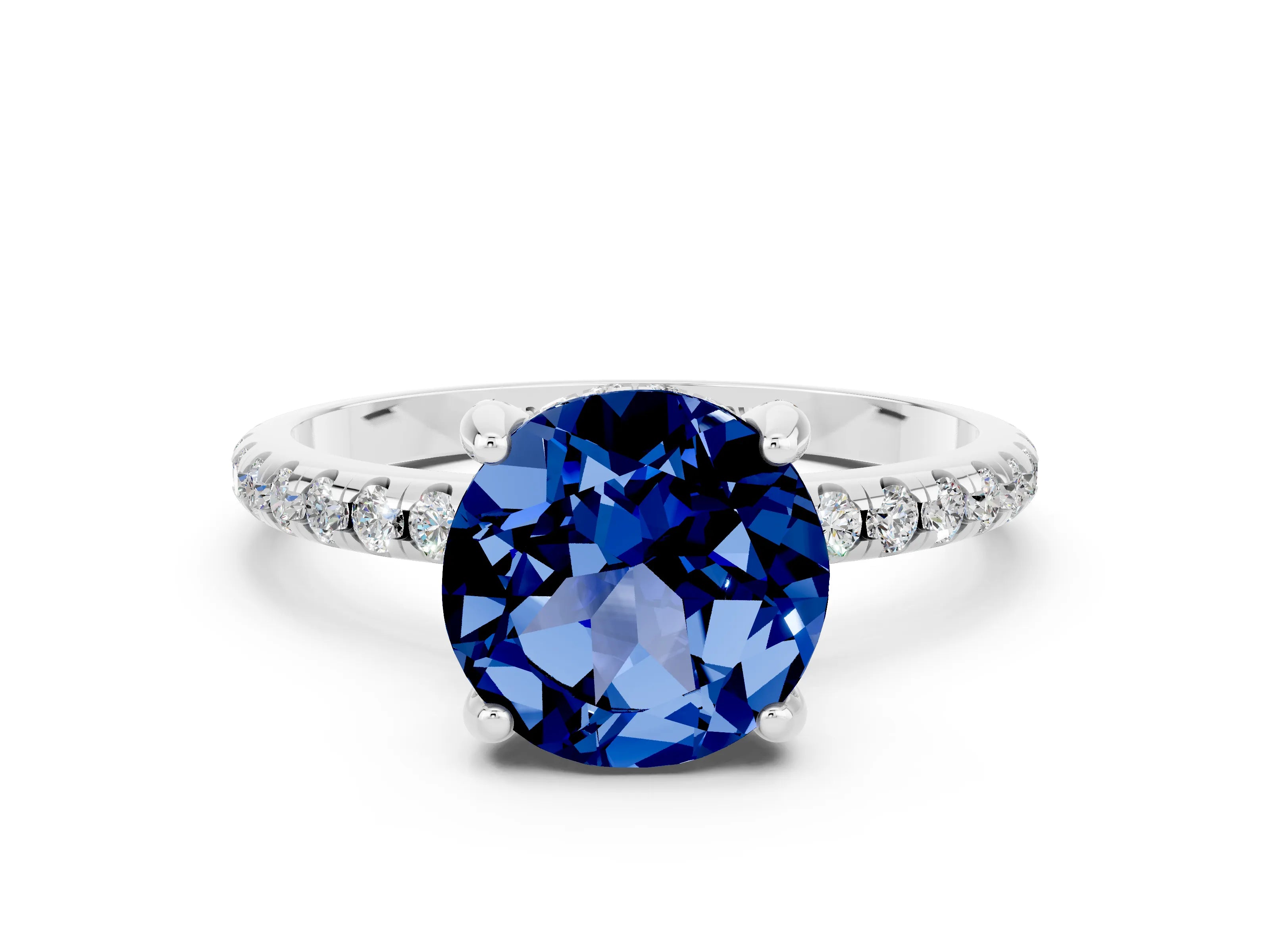 White gold Round Cut Diamond Solitaire Ring with Four-Prong Setting and Pavé Band