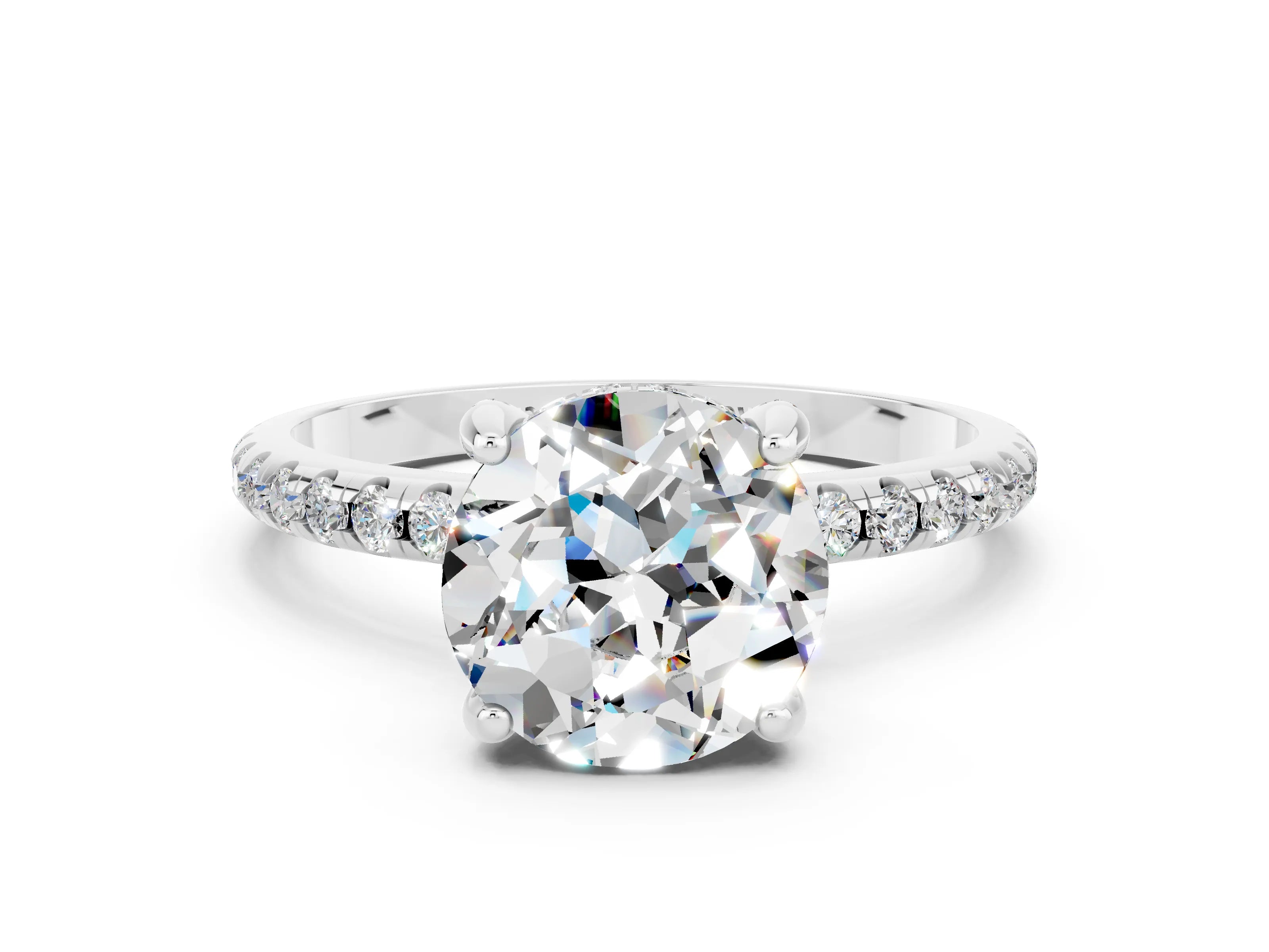 White gold Round Cut Diamond Solitaire Ring with Four-Prong Setting and Pavé Band