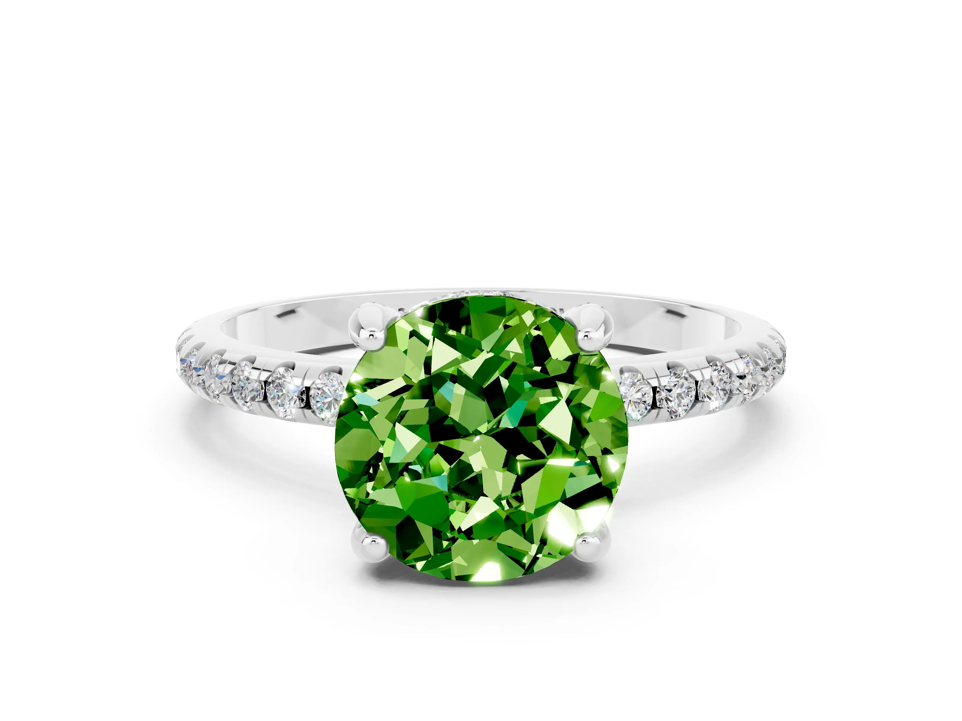 White gold Round Cut Diamond Solitaire Ring with Four-Prong Setting and Pavé Band