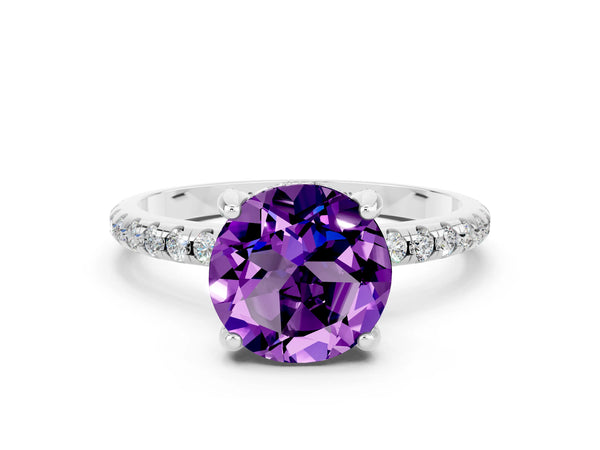 Platinum Round Cut Amethyst Hidden Halo Engagement Ring with Round Pavé Band and Prong Setting
