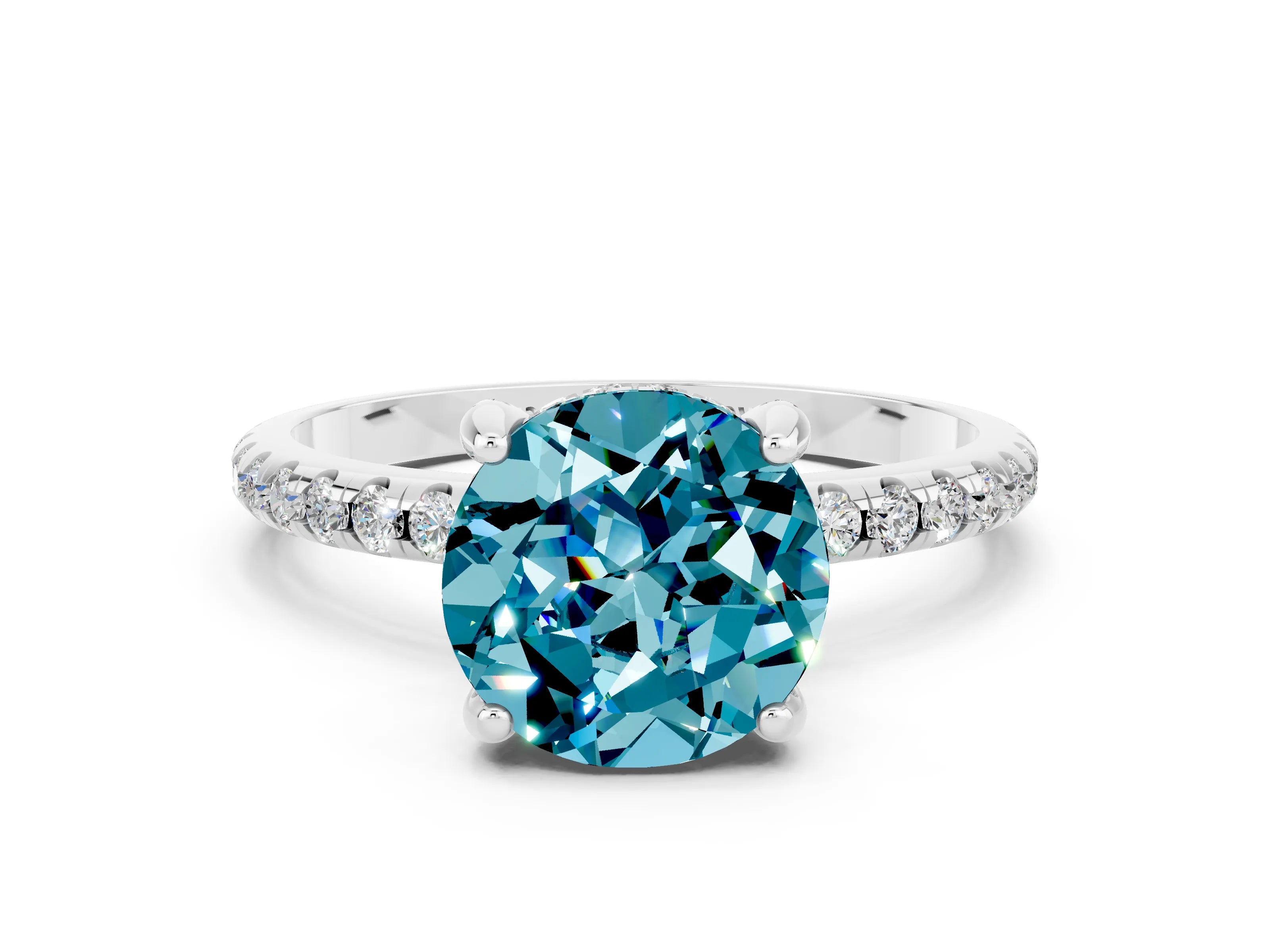 White gold Round Cut Diamond Solitaire Ring with Four-Prong Setting and Pavé Band
