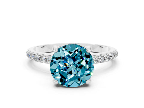 White gold Round Cut Diamond Solitaire Ring with Four-Prong Setting and Pavé Band