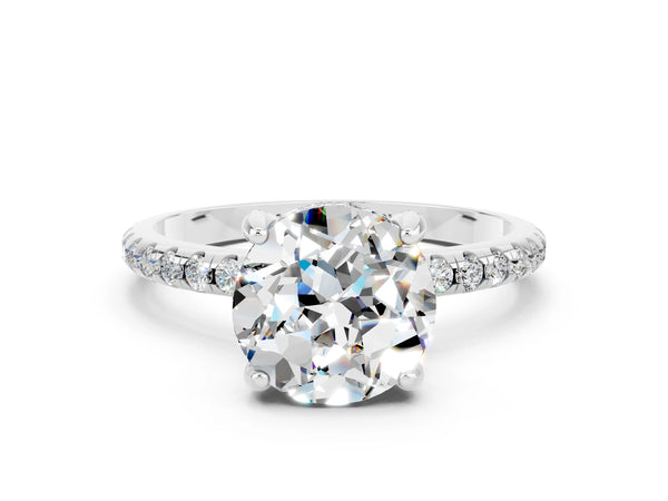 White gold Round Cut Moissanite Hidden Halo Engagement Ring with Round Pavé Band and Prong Setting