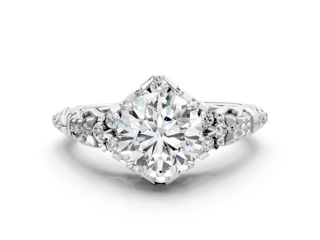 White gold Round Cut Diamond Solitaire Ring with Hidden Halo and Pavé Band_108