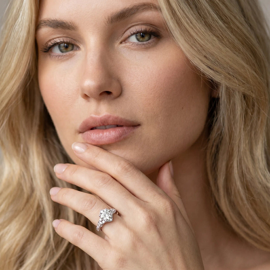 White gold Round Cut Diamond Solitaire Ring with Hidden Halo and Pavé Band