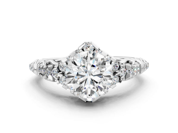 White gold Round Cut Diamond Solitaire Ring with Hidden Halo and Pavé Band
