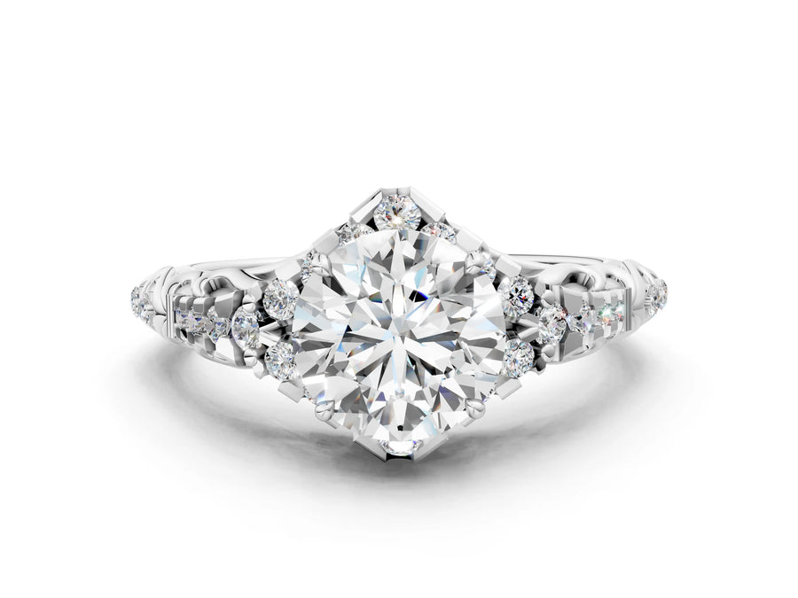 White gold Round Cut Diamond Solitaire Ring with Hidden Halo and Pavé Band