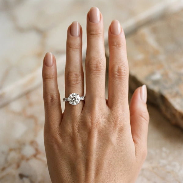 White gold Round Cut Diamond Solitaire Ring with Micro Pave Band and Prong Setting