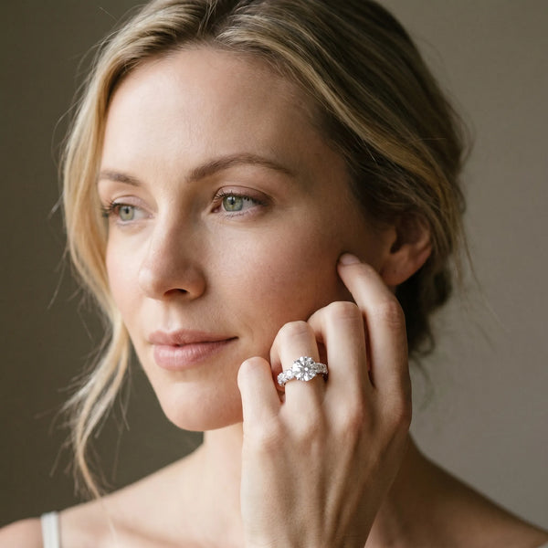 White gold Round Cut Diamond Solitaire Ring with Micro Pave Band and Prong Setting