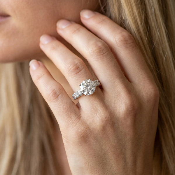 White gold Round Cut Diamond Solitaire Ring with Micro Pave Band and Prong Setting