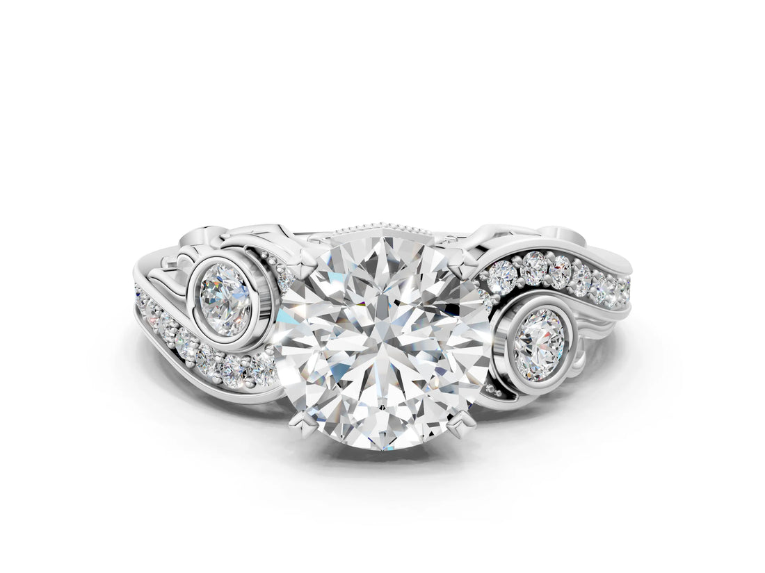 White gold Round Cut Diamond Solitaire Ring with Milgrain Pavé Band and Four-Prong Setting_239