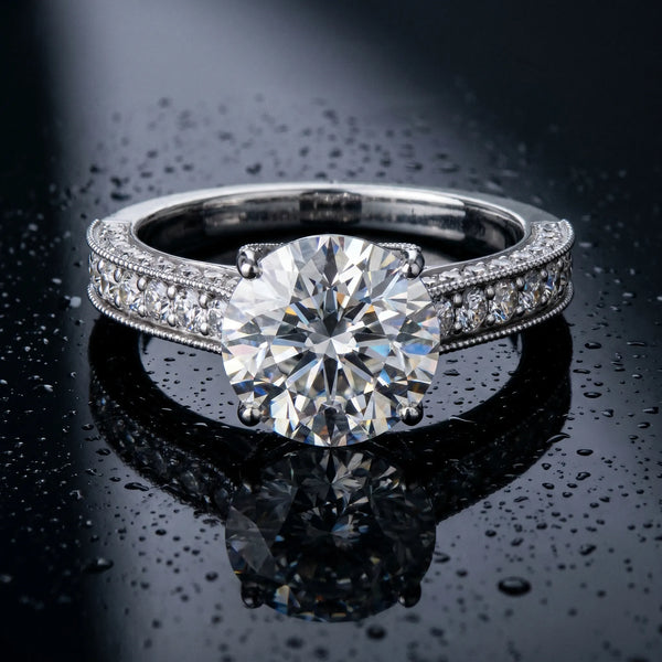 White gold Round Cut Diamond Solitaire Ring with Milgrain Pave Band and Four Prong Setting