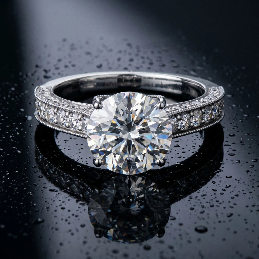 White gold Round Cut Diamond Solitaire Ring with Milgrain Pave Band and Four Prong Setting