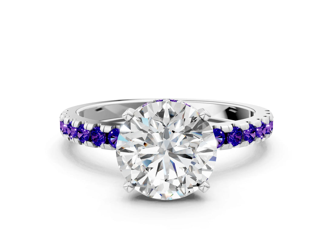 10K White Gold 2.07 Carat E VS1 Round Diamond Solitaire Ring with Pavé Band and Four-Prong Setting