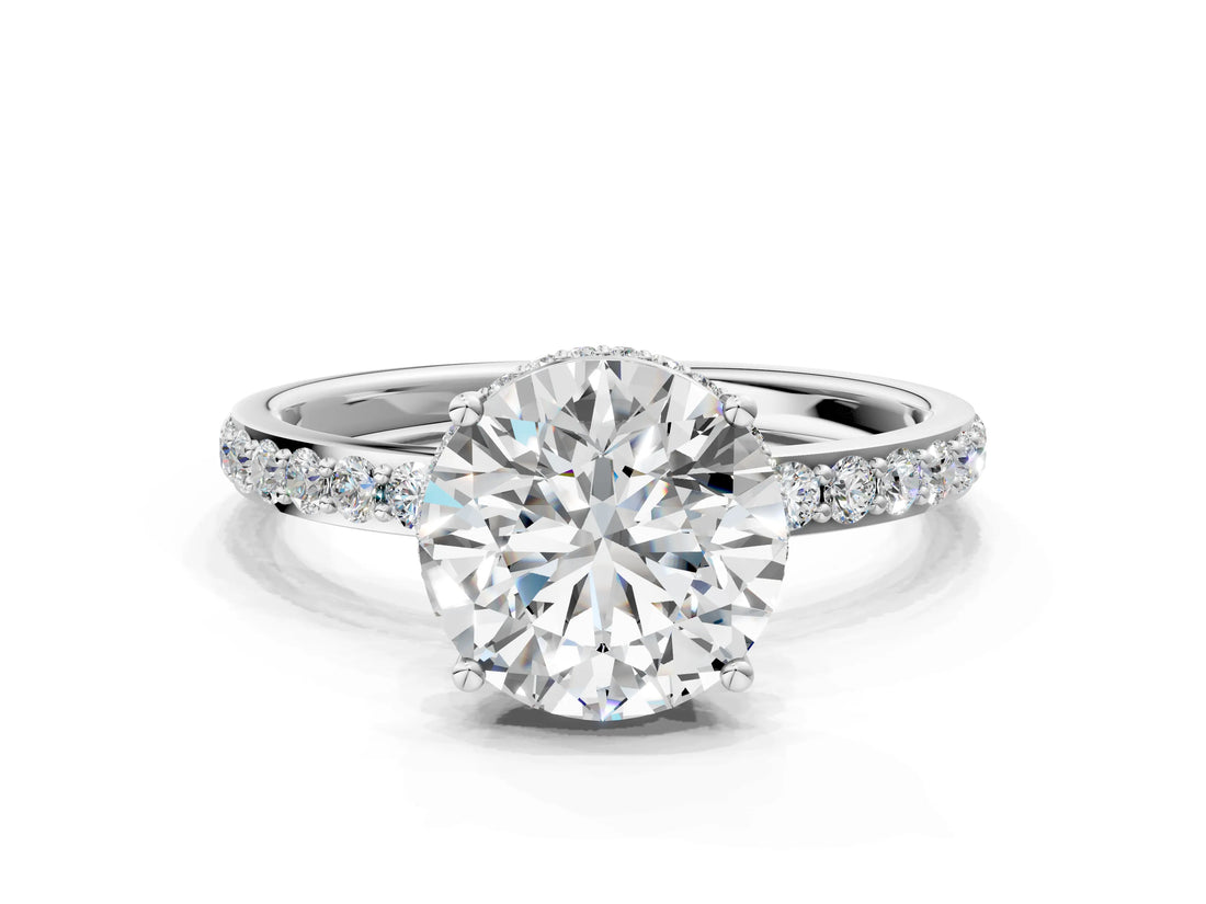 White gold Round Cut Diamond Solitaire Ring with Pavé Band and Hidden Halo_20