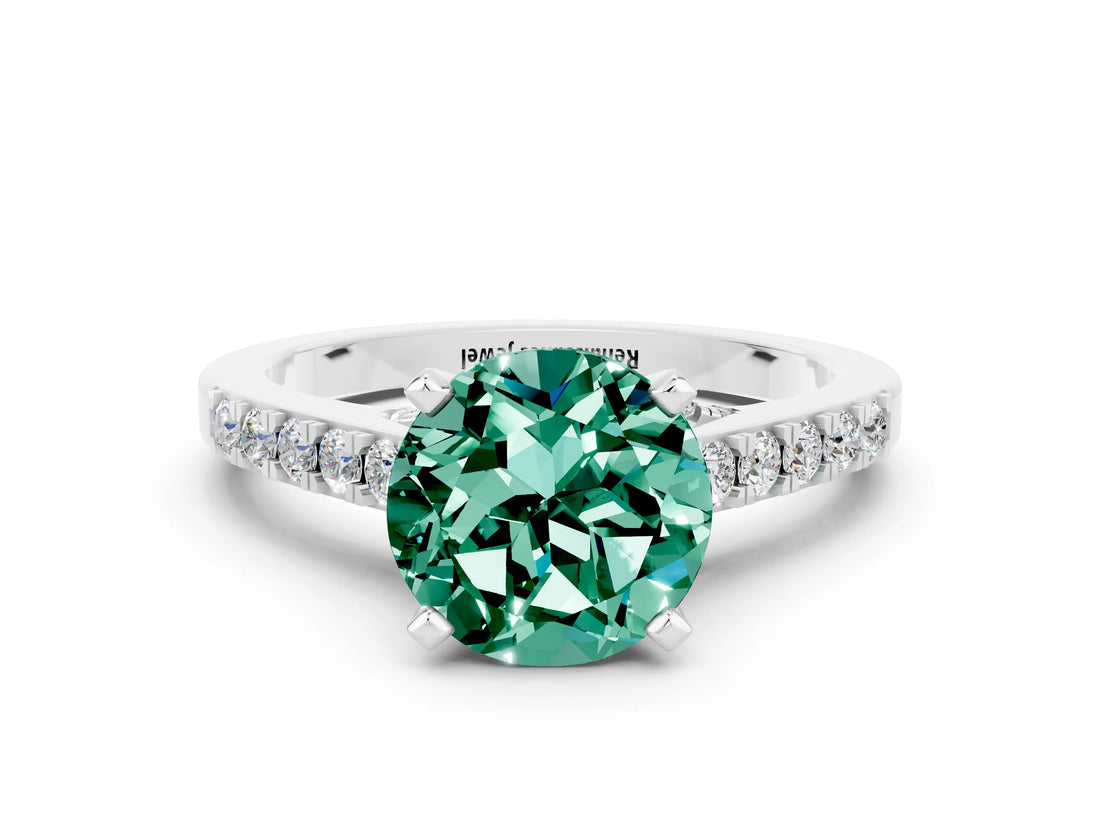 White gold Round Cut Diamond Solitaire Ring with Pavé Band and Prong Setting