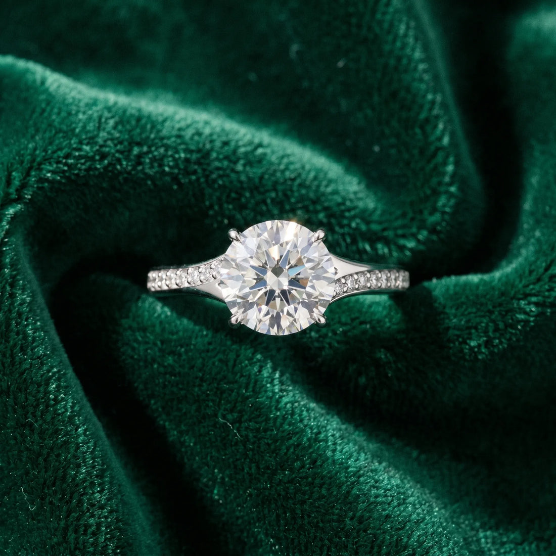 White gold Round Cut Diamond Solitaire Ring with Pavé Band and Prong Setting_137