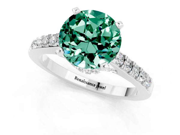 White gold Round Cut Green Sapphire Solitaire Ring with Crossover Gallery and Round  Pavé Band