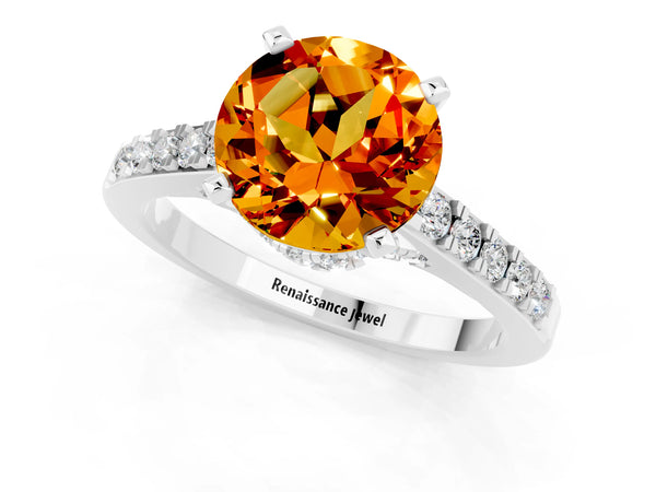 Silver Round Cut Citrine Solitaire Ring with Crossover Gallery and Round  Pavé Band