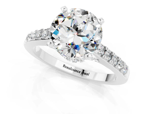 Silver Round Cut Moissanite Solitaire Ring with Crossover Gallery and Round  Pavé Band