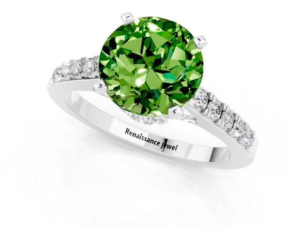 White gold Round Cut Peridot Solitaire Ring with Crossover Gallery and Round  Pavé Band