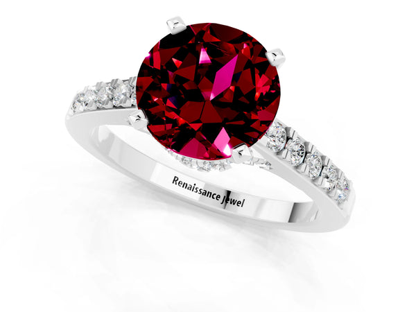 White gold Round Cut Garnet Solitaire Ring with Crossover Gallery and Round  Pavé Band
