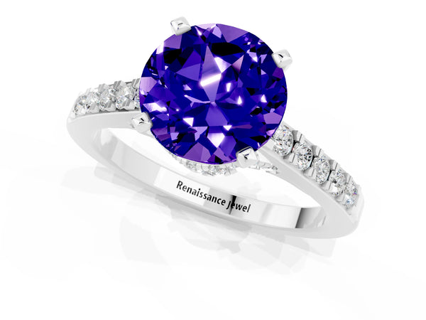 Platinum Round Cut Tanzanite Solitaire Ring with Crossover Gallery and Round  Pavé Band